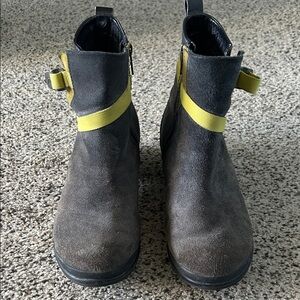 Gray Suede Ankle Boots with Yellow Strap